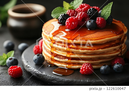 Delicious Stack of Pancakes with Berries and Maple Syrup - Perfect for Breakfast and Food Photography Generative AI 122610047