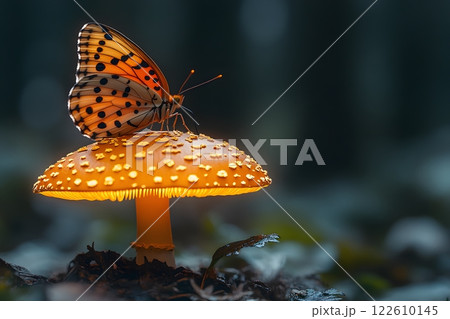 Butterfly Resting on Vibrant Mushroom in Mystical Forest Setting Generative AI 122610145