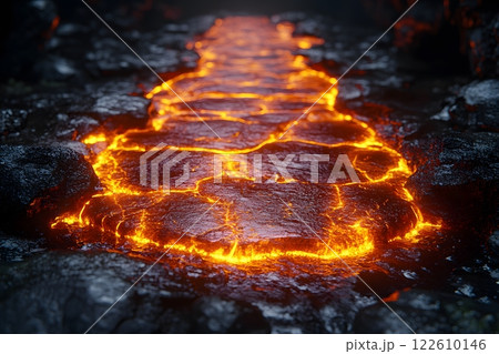 Molten Lava Flow in Volcanic Landscape Concept for Nature and Geology Projects Generative AI 122610146