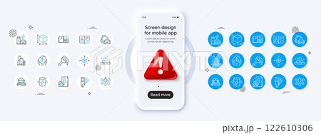 Court building, Charging station and Quality line icons. Phone mockup with 3d danger icon. Pack of Brush, Instruction info, Palette icon. Vector 122610306