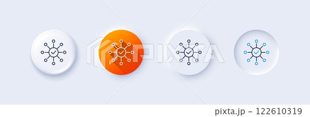 Survey check line icon. Neumorphic, Orange gradient, 3d pin buttons. Correct answer sign. Line icons. Neumorphic buttons with outline signs. Vector 122610319