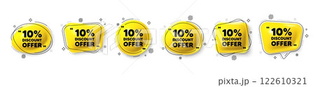 10 percent discount tag. Speech bubble 3d icons set. Sale offer price sign. Special offer symbol. Discount chat talk message. Speech bubble banners with comma. Text balloons. Vector 122610321