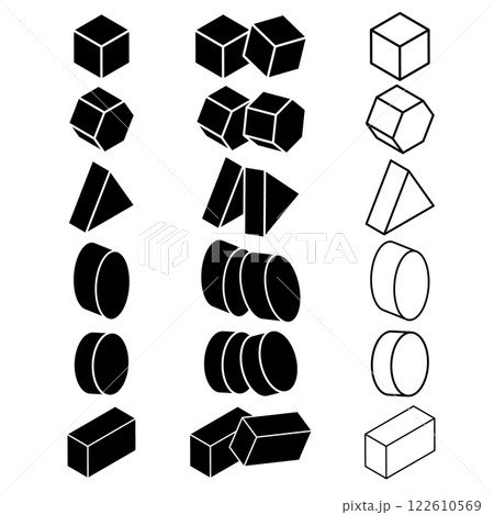 Geometric Shape Variations in Solid and Outline Styles Vector Illustration. This vector displays a variety of geometric shapes, presented in three distinct styles: solid black, 3D effect and outline. 122610569