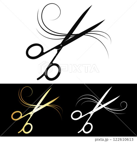 Beautiful curl of hair and scissors of hairstylist, design for beauty salon Beautiful curl of hair and scissors of hairstylist, design for beauty salon 122610613