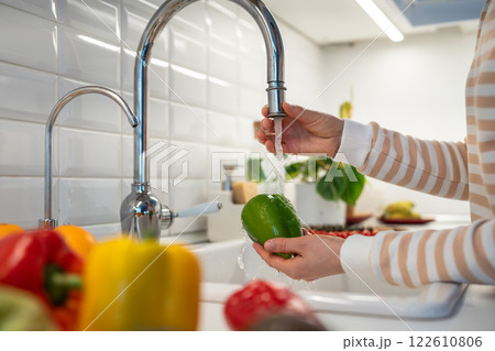 Natural ingredients organic vegetarians food. Green fresh pepper under water tap in hand on kitchen. 122610806