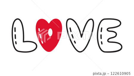 Romantic Love text with red heart doodle flat style love isolated icon symbol of love 122610905