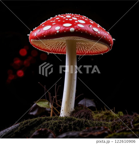 A beautiful, slender, bright mushroom - fly agaric. The bright and attractive fly agaric mushroom is very poisonous to humans. 122610906