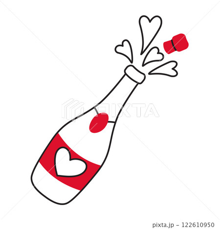 Champagne bottle with cork and splashes doodle flat style love isolated icon symbol of love 122610950
