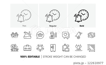 Triangle area, Portfolio and Alarm clock line icons. Pack of Waterproof, Power bank, Shopping cart icon. Fair trade, Stars, Refrigerator pictogram. Third party, Smartphone broken, Helping hand. Vector 122610977