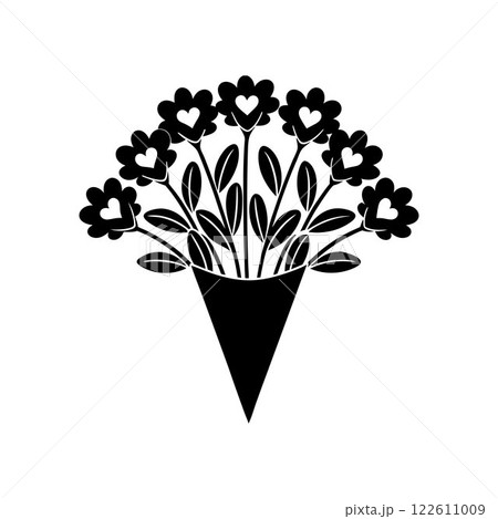 Heart-themed flower bouquet silhouette design. Cute flower bouquet with hearts isolated icon vector illustration design. Heart-themed flower bouquet silhouette design. Cute flower bouquet with hearts isolated icon vector illustration design. 122611009