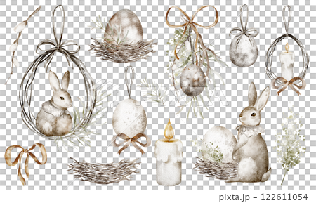 Watercolor set Easter vintage illustrations bunny, decoration, garland, Easter egg, candle. Hand drawn holiday design for religion card and invitation. Drawing holiday elements for stickers. Watercolor set Easter vintage illustrations bunny, decoration, garland, Easter egg, candle. Hand drawn holiday design for religion card and invitation. Drawing holiday elements for stickers. 122611054