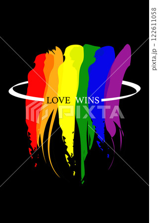 Love Wins watercolor poster design for celebration of LGBTI rights and parades with rainbow colors. Hand drawn colorful lgbt logo brush strokes. Vector isolated on black background 122611058