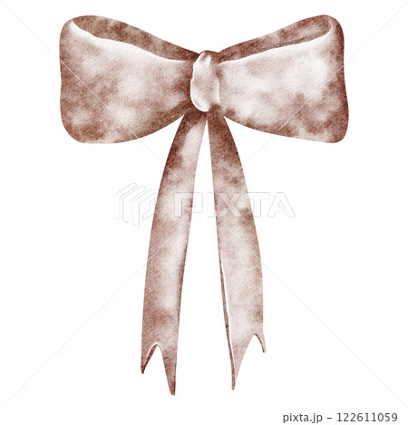 Watercolor Bow Ribbon pink colors. Hand drawn illustration of silk or satin knot on white isolated background, for gift or present wrapping. Drawing of vintage textile tape for wedding and birthday. 122611059