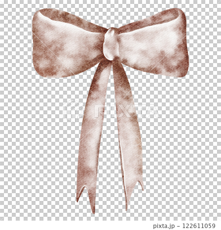 Watercolor Bow Ribbon pink colors. Hand drawn illustration of silk or satin knot on white isolated background, for gift or present wrapping. Drawing of vintage textile tape for wedding and birthday. 122611059
