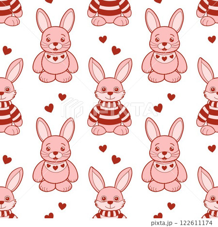 Seamless pattern of cute plush bunnies and hearts. Pink plush toys print. Children's background Seamless pattern of cute plush bunnies and hearts. Pink plush toys print. Children's background 122611174