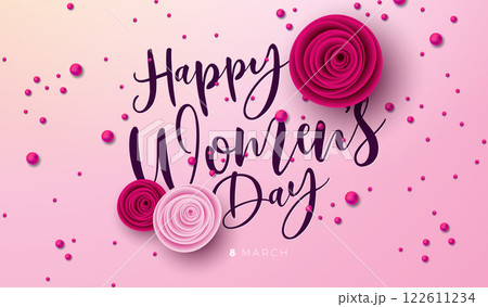 8 March. Happy Women's Day Floral Illustration. International Womens Day Vector Design with Colorful Spring Rose Flower and Typography Lettering on Light Pink Background. Woman or Mother Day Theme 122611234