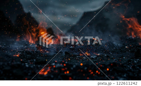 A charred landscape at twilight, remnants of a recent fire 122611242