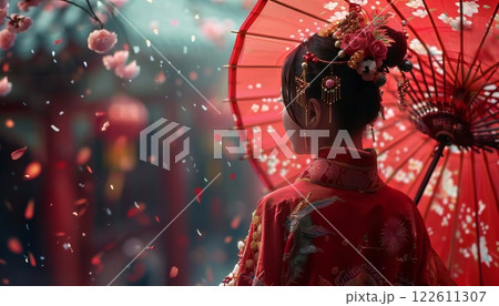 Chinese New Year: A woman in traditional attire with a red umbrella Chinese New Year: A woman in traditional attire with a red umbrella 122611307