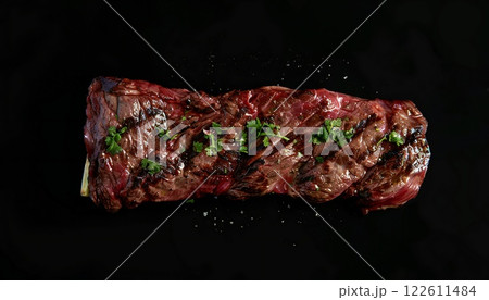 Arrachera steak grilled and garnished, top view. Black background with copy space 122611484