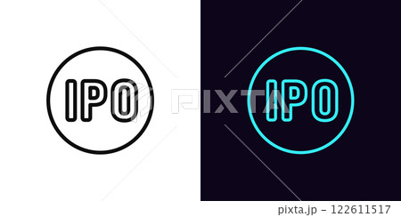 Outline IPO icon, with editable stroke. Round tag for Initial public offering. New public company on stock market, attract funding with IPO, investments in business, shares trade launch. Vector icon 122611517