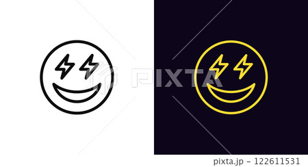 Outline pleasure emoji icon, with editable stroke. Emoji with lightning eyes and smile. Excitement emoticon, anticipation feeling, enthusiasm face, surprise, flash eyes, positive mood. Vector icon 122611531
