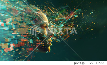A wise, ethereal AI being amidst a swirling vortex of data and cosmic energy 122611583