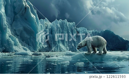 A poignant image of a polar bear stranded on a rapidly melting ice floe 122611593