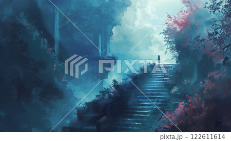 Illustration of a lonely figure in the distance walking up the stairs, a concept of psychological health 122611614