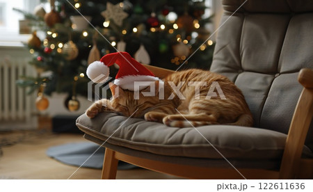 A ginger cat wearing a Santa hat sleeps peacefully on a chair by the decorated Christmas tree 122611636