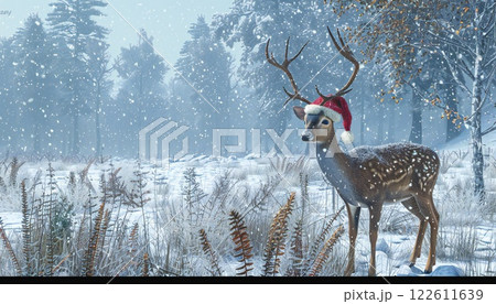 A reindeer wearing a Santa hat in a snowy forest 122611639