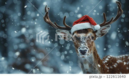 A festive reindeer with a Santa hat in the winter woods A festive reindeer with a Santa hat in the winter woods 122611640