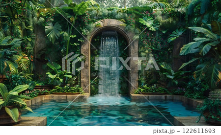 A hidden garden oasis in the middle of a bustling city with lush greenery and a tranquil pool with waterfall 122611693