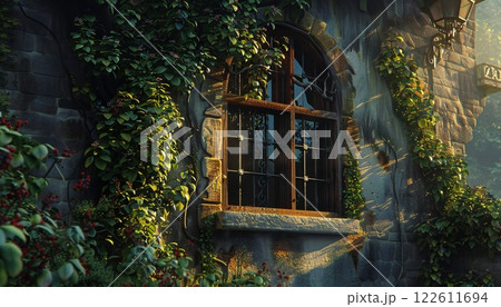 Old-world charm. Vines on vintage building 122611694