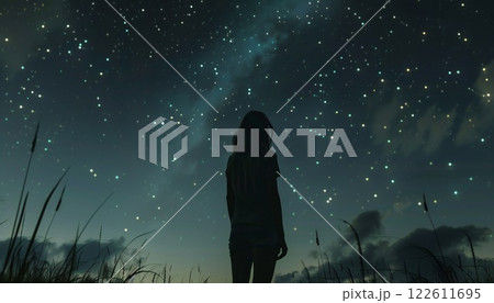Surreal dreams of space exploration dance in the eyes of a girl captivated by the night sky 122611695
