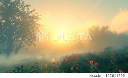 Peaceful dawn illuminates a misty meadow, ushering in a blissful morning 122611696