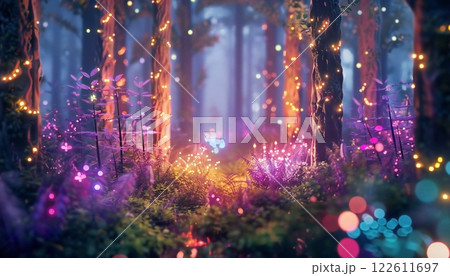 A mystical forest, awash in ethereal light, teems with enchanting creatures 122611697