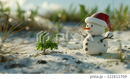 Snowman in Santa hat on tropical Christmas beach Snowman in Santa hat on tropical Christmas beach 122611709