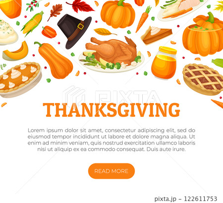 Thanksgiving Banner with Autumn Fest Object Vector Template 122611753