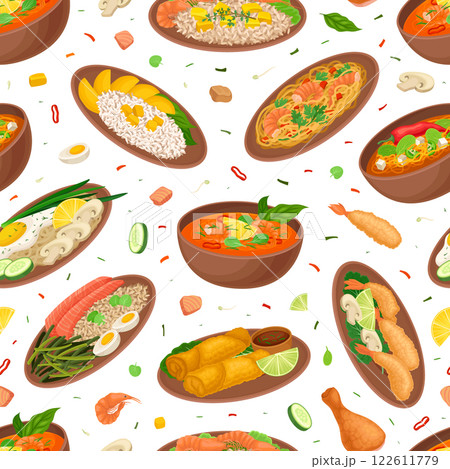 Thai Food Seamless Pattern Design with Tasty Served Meal Vector Template 122611779
