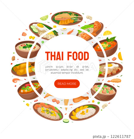 Thai Food Banner Design with Tasty Served Meal Vector Template Thai Food Banner Design with Tasty Served Meal Vector Template 122611787