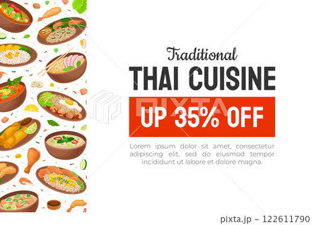 Thai Food Banner Design with Tasty Served Meal Vector Template 122611790