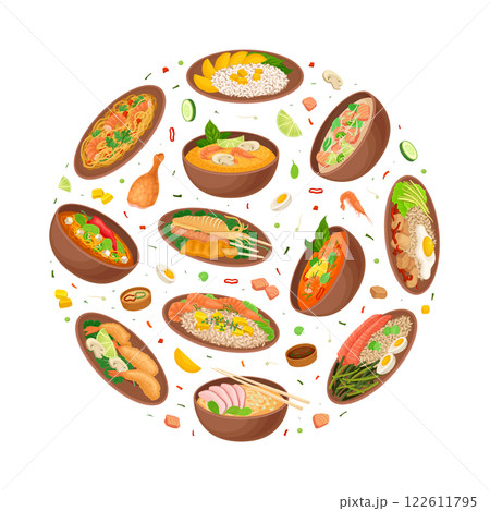 Thai Food Round Composition Design with Tasty Served Meal Vector Template 122611795
