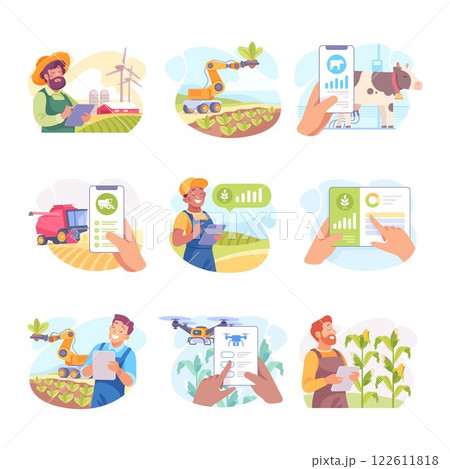 Farming Technology with Farmer Managing Farm with Mobile App on Tablet Vector Set Farming Technology with Farmer Managing Farm with Mobile App on Tablet Vector Set 122611818