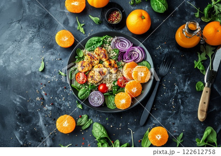 Vegetable millet salad with red onion, cherry tomatoes, clementine. 122612758