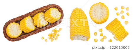 ear of corn in a wicker basket isolated on a white background. Top view. Flat lay 122613003