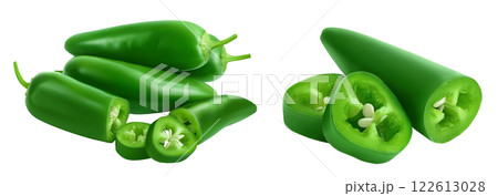 jalapeno peppers isolated on white background. Green chili pepper with full depth of field. 122613028