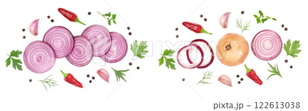 onions, garlic, hot pepper and spices isolated on white background. Top view 122613038