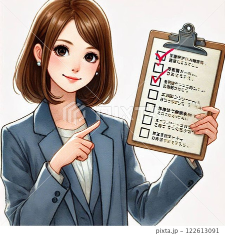 チェックリストを見せて注意を促す女性社員のイラスト 122613091