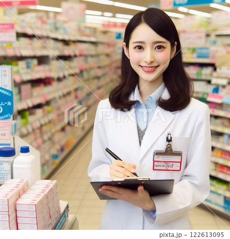 ドラッグストアで働く薬剤師の女性 122613095