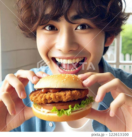 ハンバーガーを食べる男性 122613100